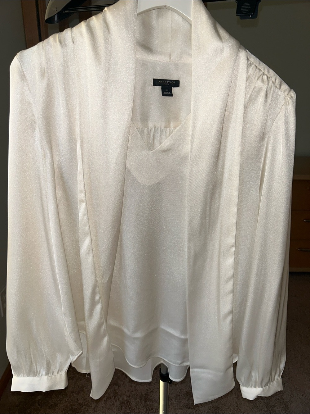 Ann Taylor Cream Satin-Effect V-Neck Draped Blouse